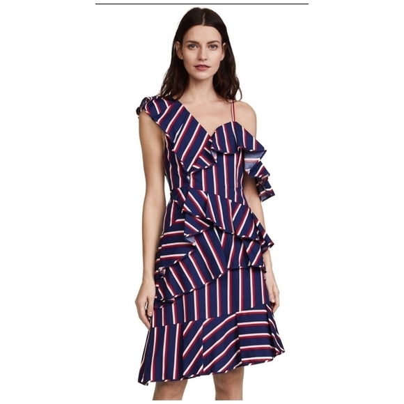 Alice & Olivia Laflora Asymmetrical Ruffle Striped V-Neck Dress - Picture 1 of 8